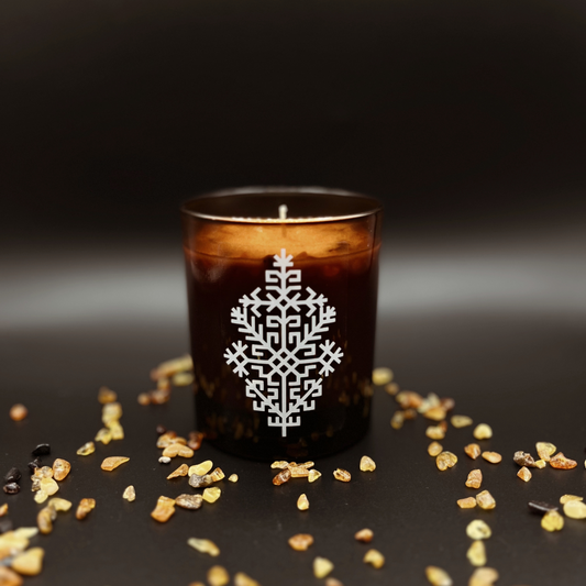 Latvian, Baltic amber crystals infused, pine tree scented candle, with ethnic ornament
